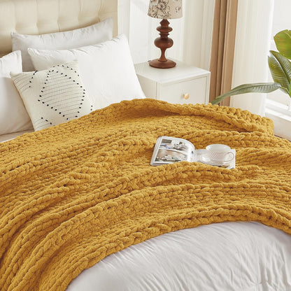 Chunky Knit Throw Blanket 60" X 80" Twin, 100% Hand Made Large Chenille Loop Yarn Soft Fluffy Throws for Couch Sofa Bed, Big Crochet Cozy Heavy Thick Cable Woven Blanket, Yellow