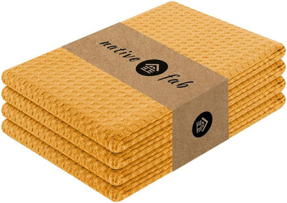 Cotton Kitchen Towel with Hanging Loop 16x26 inches, 4-Pack, Waffle Weave Kitchen Towels for Cleaning Drying, Washcloths Soft & Absorbent Cloth Rags, Bar Towel, Dish Cloth, Mustard Yellow