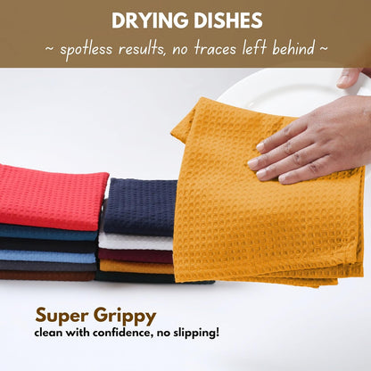 Cotton Kitchen Towel with Hanging Loop 16x26 inches, 4-Pack, Waffle Weave Kitchen Towels for Cleaning Drying, Washcloths Soft & Absorbent Cloth Rags, Bar Towel, Dish Cloth, Mustard Yellow