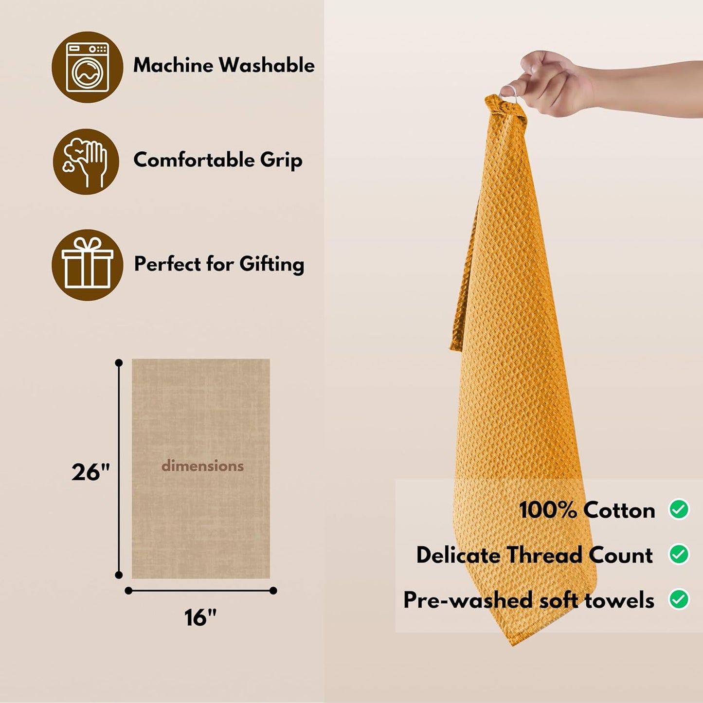 Cotton Kitchen Towel with Hanging Loop 16x26 inches, 4-Pack, Waffle Weave Kitchen Towels for Cleaning Drying, Washcloths Soft & Absorbent Cloth Rags, Bar Towel, Dish Cloth, Mustard Yellow