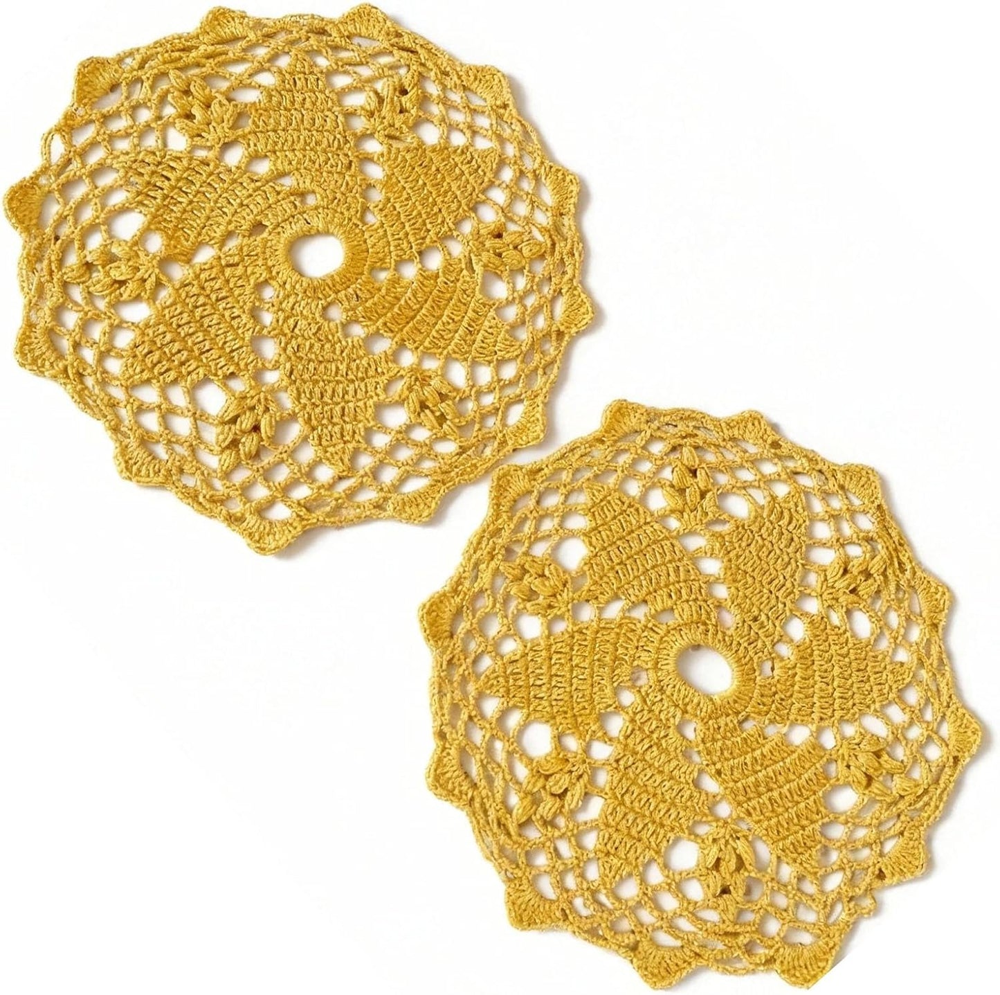 2PCS 9" Crochet Cotton Lace Doilies Place Mats for Dinning Kitchen Knit Round Placemat (Yellow)