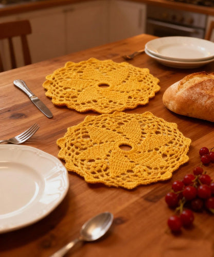 2PCS 9" Crochet Cotton Lace Doilies Place Mats for Dinning Kitchen Knit Round Placemat (Yellow)