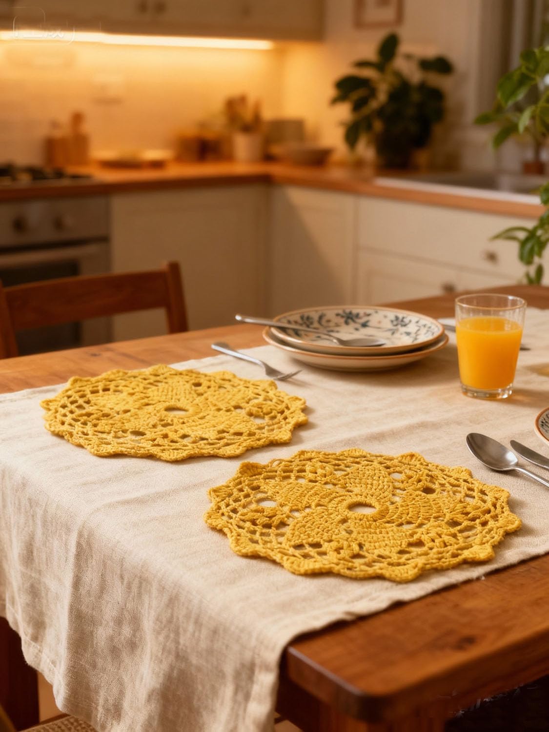 2PCS 9" Crochet Cotton Lace Doilies Place Mats for Dinning Kitchen Knit Round Placemat (Yellow)