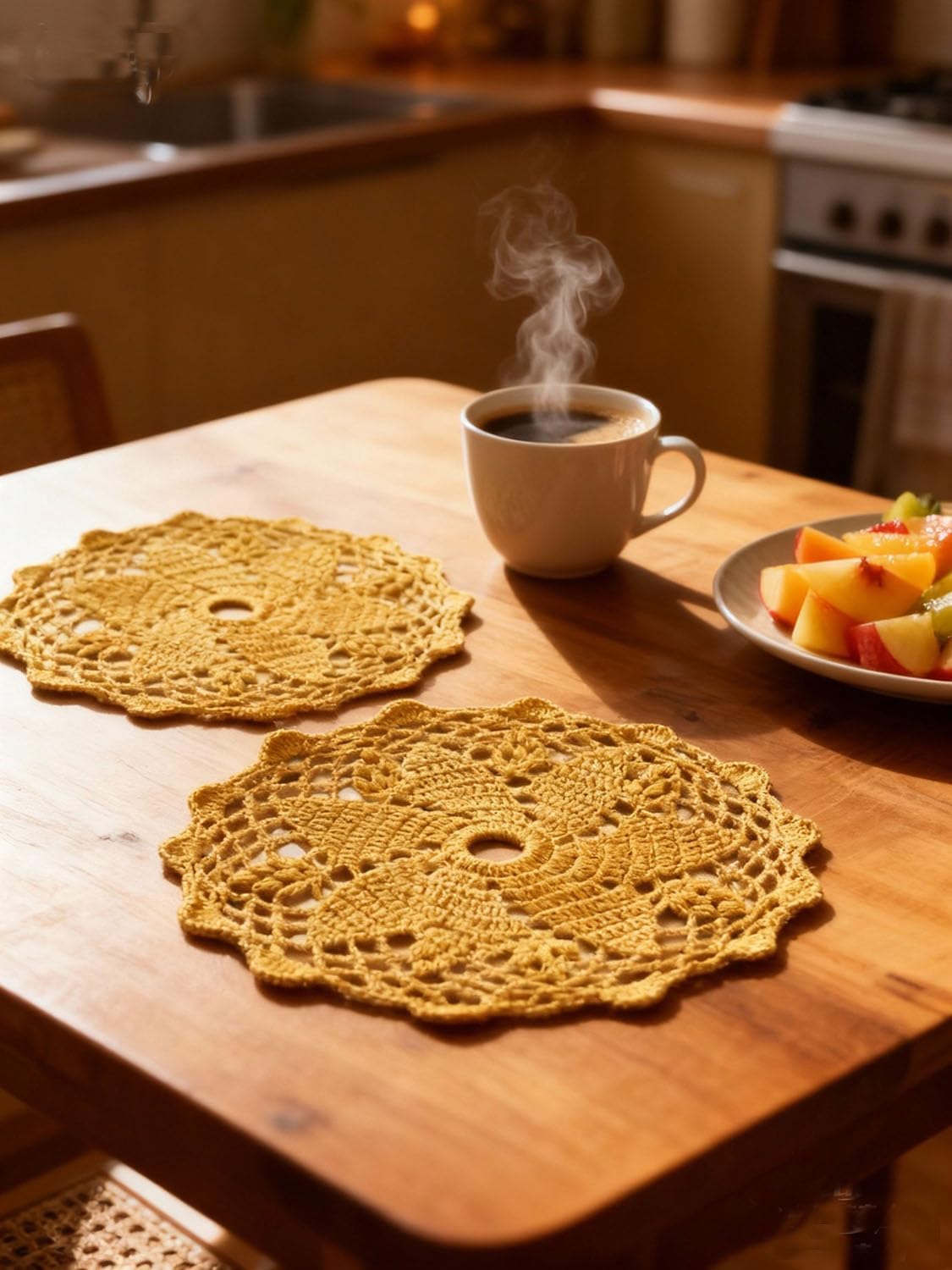 2PCS 9" Crochet Cotton Lace Doilies Place Mats for Dinning Kitchen Knit Round Placemat (Yellow)