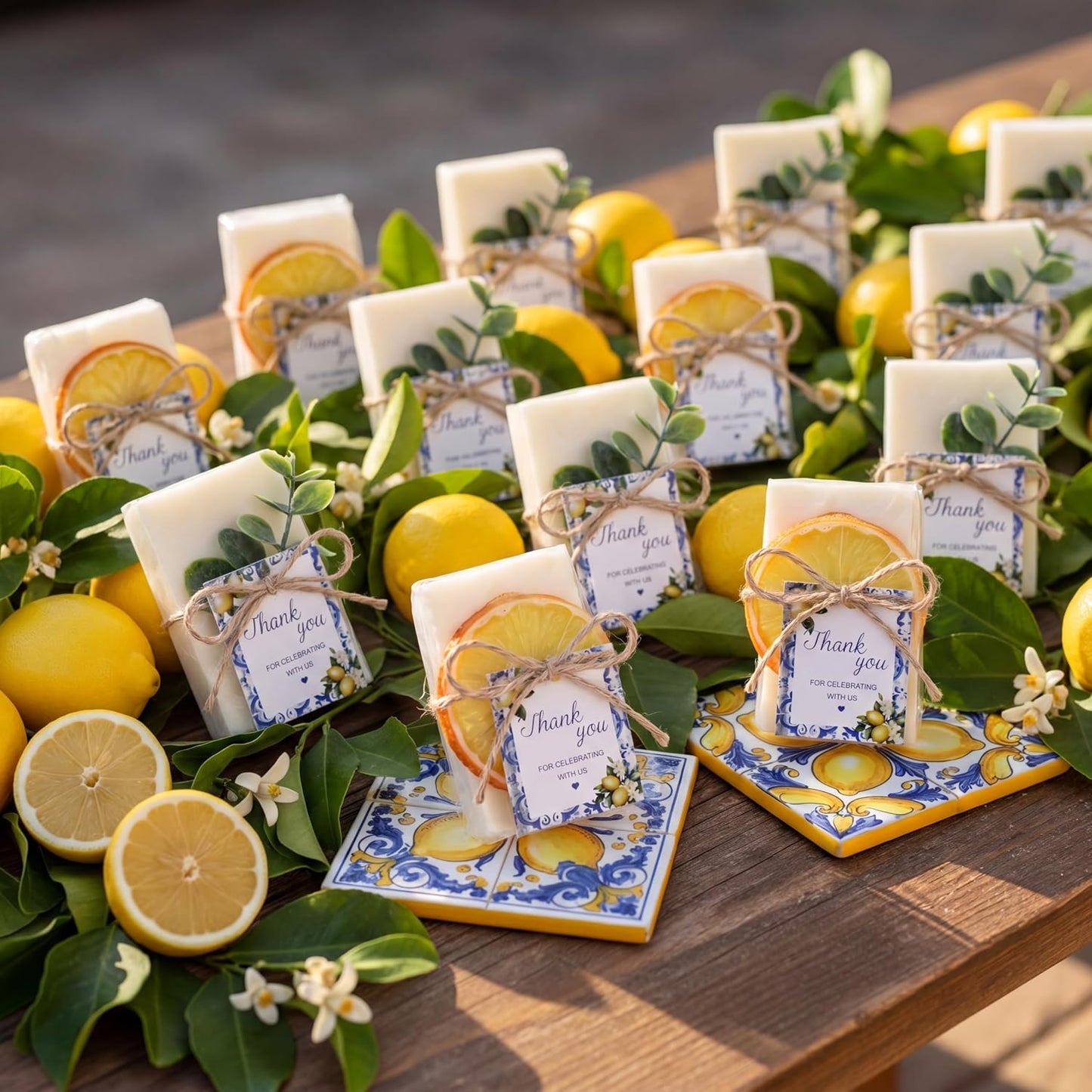 50 Set Mini Capri Lemon Soap Favors Bulk Baby Shower Soap with Eucalyptus Amalfi Coast Lemon Thank You Cards Organza Bags for Baby Shower Bridal Wedding Party Guest Favors