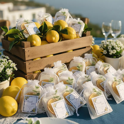 50 Set Mini Capri Lemon Soap Favors Bulk Baby Shower Soap with Eucalyptus Amalfi Coast Lemon Thank You Cards Organza Bags for Baby Shower Bridal Wedding Party Guest Favors