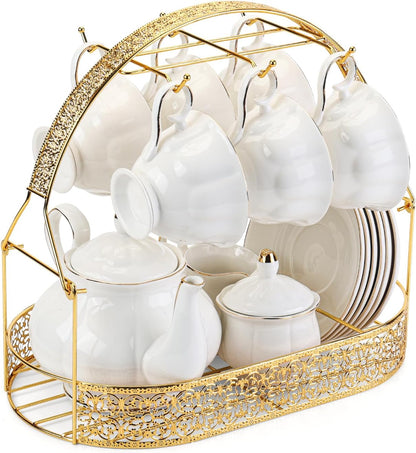 CHENP.HMC Tea Set 22-Piece Porcelain Ceramic Coffee Tea Gift Sets Cups Saucer Service for 6 Teapot Sugar Bowl Creamer Pitcher and Teaspoons (WHITE3)