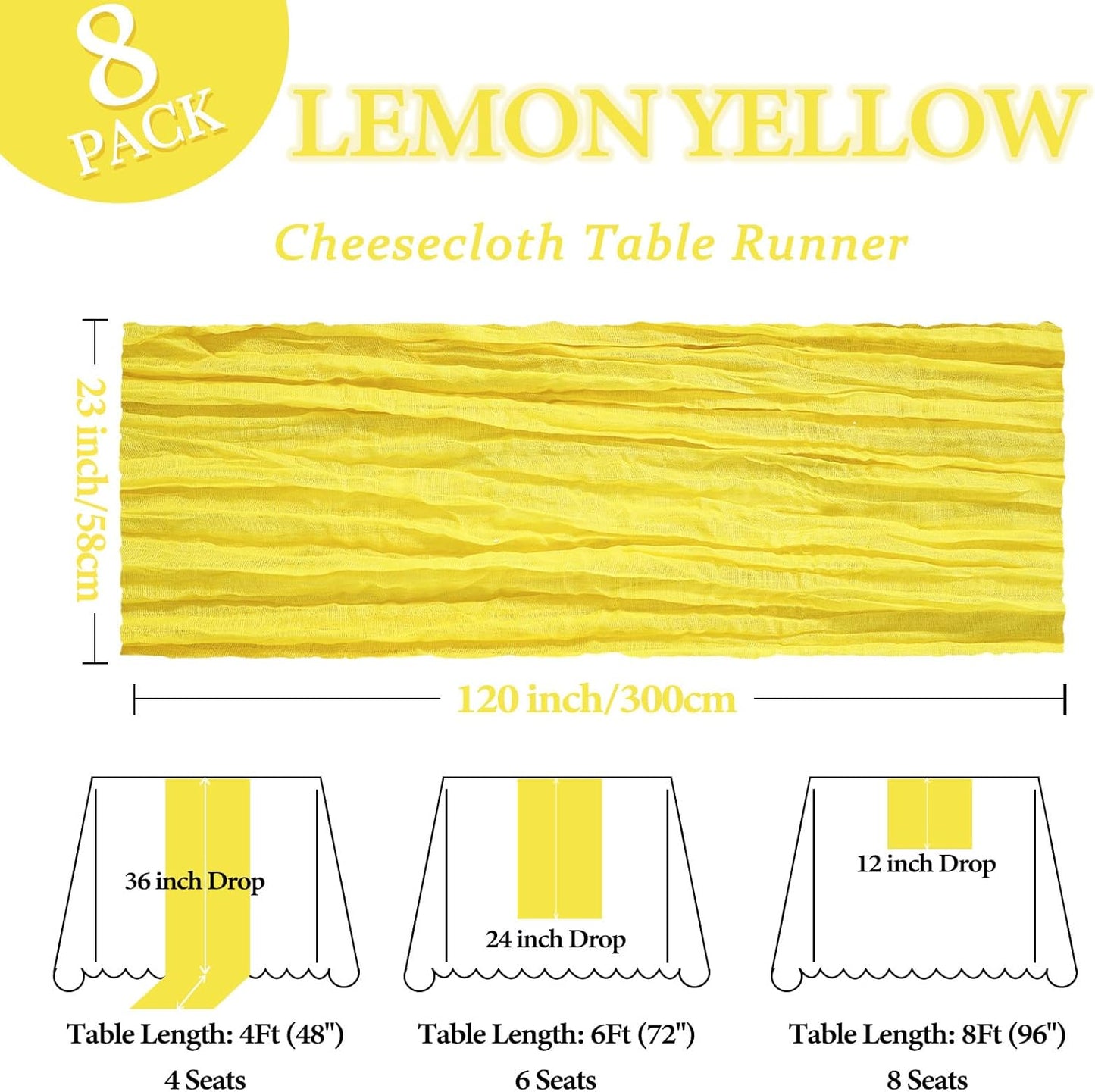 8 Pack Lemon Yellow Cheesecloth Table Runner 10Ft Gauze Cheese Cloth Table Runner 120 Inch Boho Sheer Rustic Fabric for Summer Holiday Party Decor Bridal Baby Shower Wedding Decoration