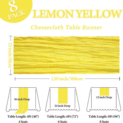 8 Pack Lemon Yellow Cheesecloth Table Runner 10Ft Gauze Cheese Cloth Table Runner 120 Inch Boho Sheer Rustic Fabric for Summer Holiday Party Decor Bridal Baby Shower Wedding Decoration