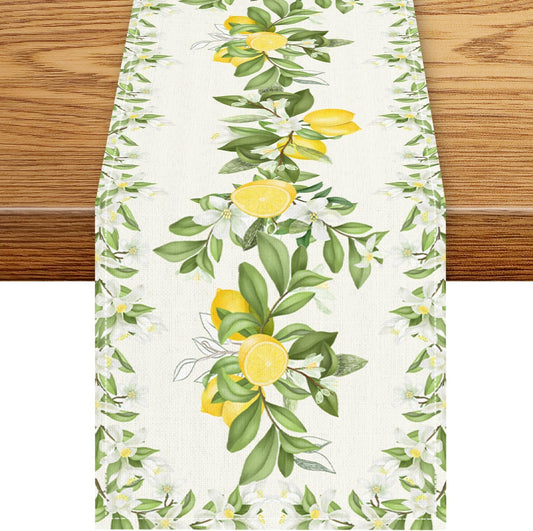 Green Lemon Floral Table Runner, Rustic Seasonal Lemon Flower Leaves Watercolor Fruit Spring Coffee Table Center Decor for Kitchen Dining Holiday Home Party Table Decorations, 13"x36"