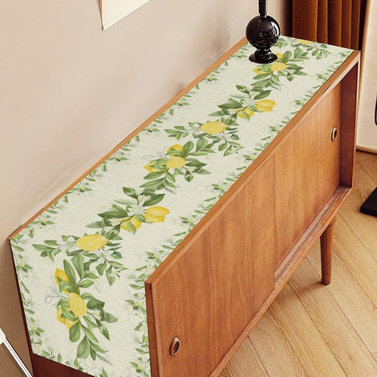 Green Lemon Floral Table Runner, Rustic Seasonal Lemon Flower Leaves Watercolor Fruit Spring Coffee Table Center Decor for Kitchen Dining Holiday Home Party Table Decorations, 13"x36"