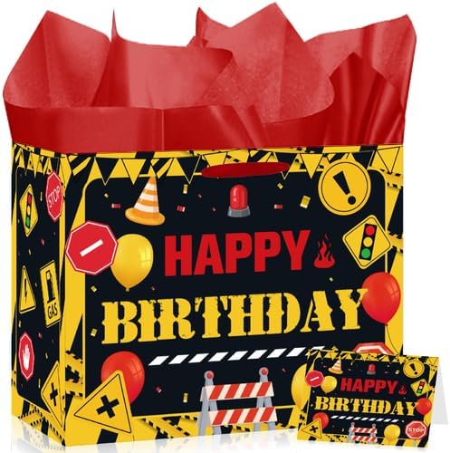 Funny Warning Sign Birthday Gift Bag for Men with Tissue Paper & Card | Yellow Black Construction Birthday Gift Bag for Men, Industrial Warning Sign Party Bag for Men Dad Birthday Party Supplies