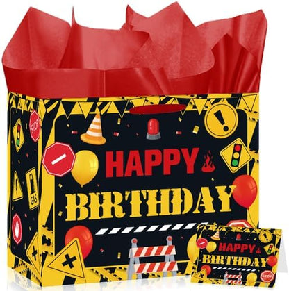 Funny Warning Sign Birthday Gift Bag for Men with Tissue Paper & Card | Yellow Black Construction Birthday Gift Bag for Men, Industrial Warning Sign Party Bag for Men Dad Birthday Party Supplies