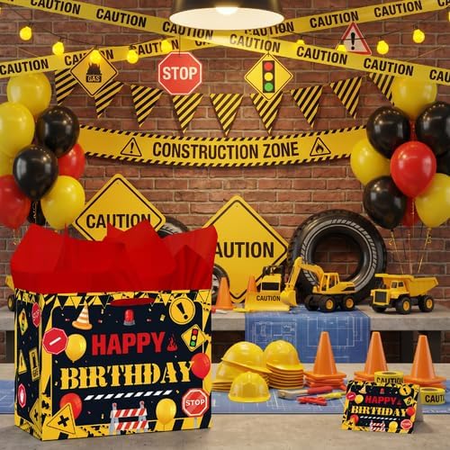 Funny Warning Sign Birthday Gift Bag for Men with Tissue Paper & Card | Yellow Black Construction Birthday Gift Bag for Men, Industrial Warning Sign Party Bag for Men Dad Birthday Party Supplies