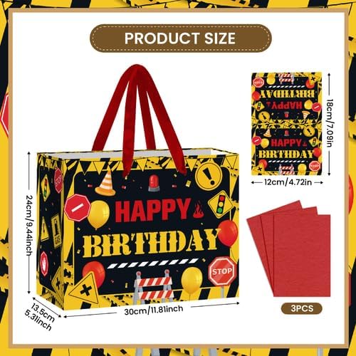 Funny Warning Sign Birthday Gift Bag for Men with Tissue Paper & Card | Yellow Black Construction Birthday Gift Bag for Men, Industrial Warning Sign Party Bag for Men Dad Birthday Party Supplies