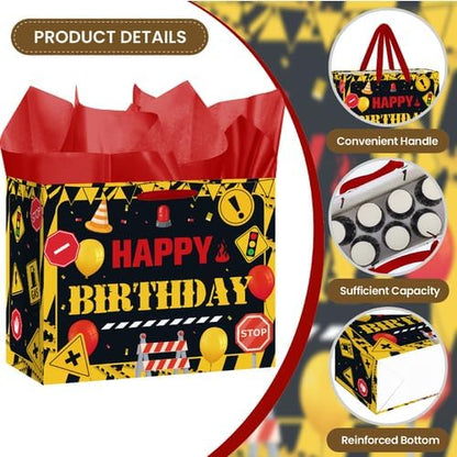 Funny Warning Sign Birthday Gift Bag for Men with Tissue Paper & Card | Yellow Black Construction Birthday Gift Bag for Men, Industrial Warning Sign Party Bag for Men Dad Birthday Party Supplies