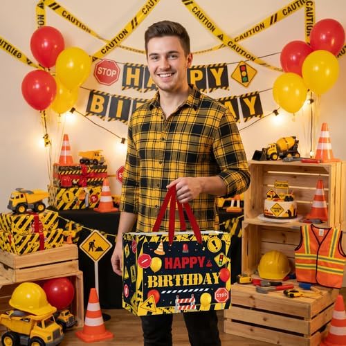 Funny Warning Sign Birthday Gift Bag for Men with Tissue Paper & Card | Yellow Black Construction Birthday Gift Bag for Men, Industrial Warning Sign Party Bag for Men Dad Birthday Party Supplies
