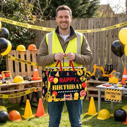 Funny Warning Sign Birthday Gift Bag for Men with Tissue Paper & Card | Yellow Black Construction Birthday Gift Bag for Men, Industrial Warning Sign Party Bag for Men Dad Birthday Party Supplies