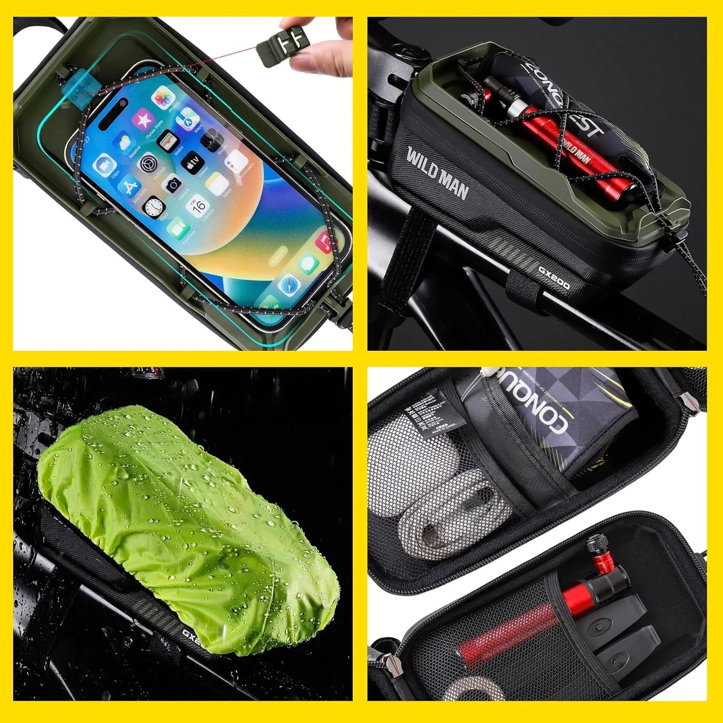 WILD MAN Bicycle Front Frame Bag Bike Bags for Cycling Waterproof Tube Bag Phone Holder Mount Cycling Pouch Compatible with Phones Under 6.8”(GX200,Yellow)