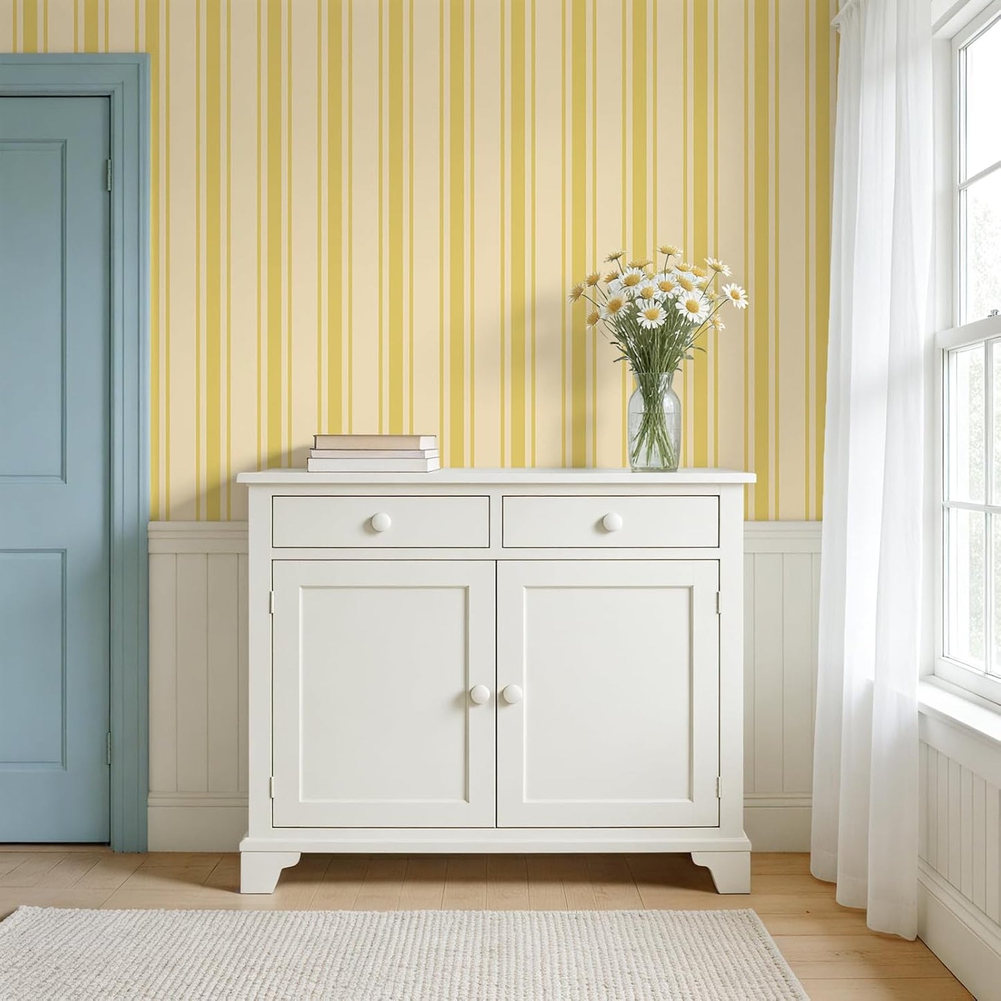 Lemon Yellow Stripe Wallpaper Peel and Stick Modern Stripes Contact Paper for Walls Shelves Room Decor 17.7''x354'' Self Adhesive Removable Striped Geometric Wall Paper for Bedroom Bathroom