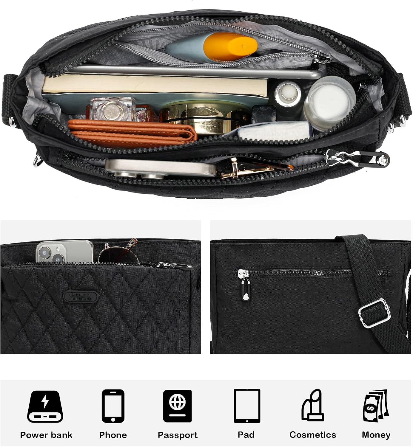 Lightweight Nylon Crossbody Bag for Women Small Quilted Shoulder Purse | with Multiple Pockets Adjustable for Everyday Use