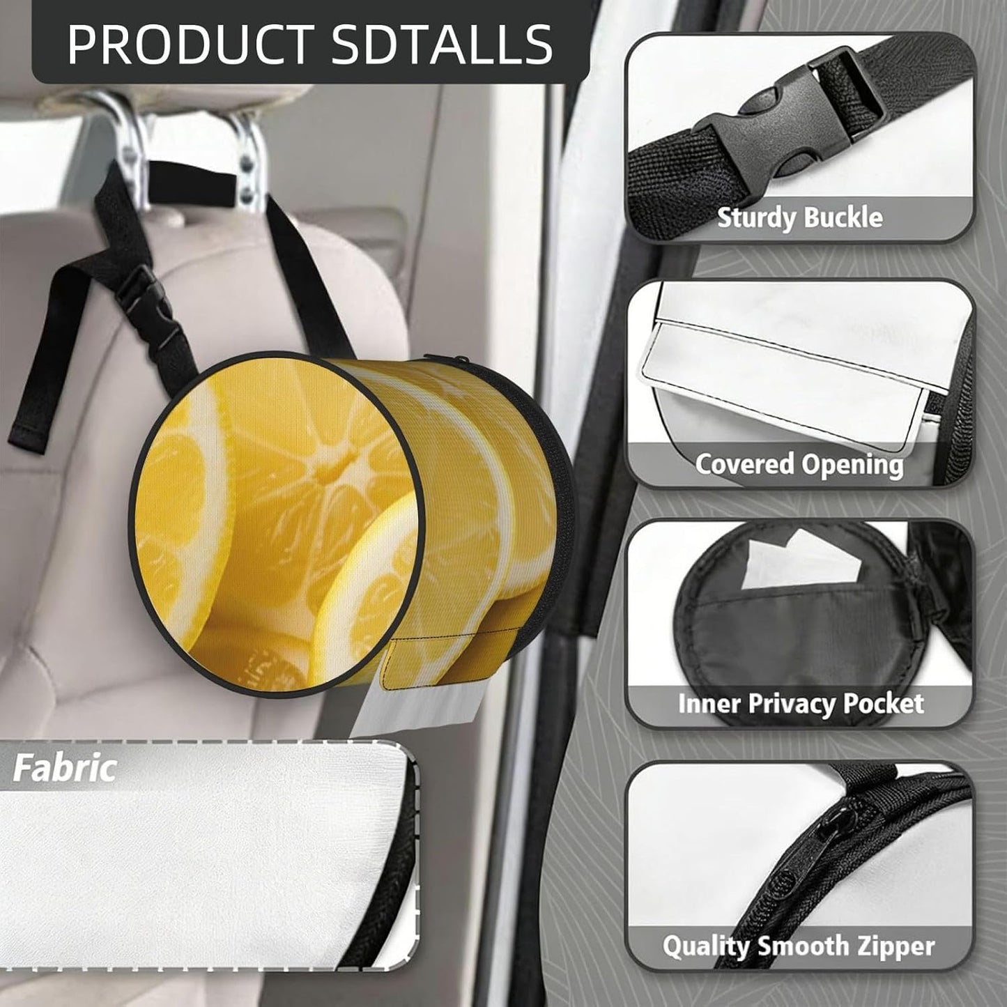 Yellow Lemon Hanging Toilet Paper Holder Waterproof Tissue Holder Cat Proof Roll Paper Case Cover Portable Foldable Roll Storage Bag with Adjustable Strap for Travel Car Camping Outdoor