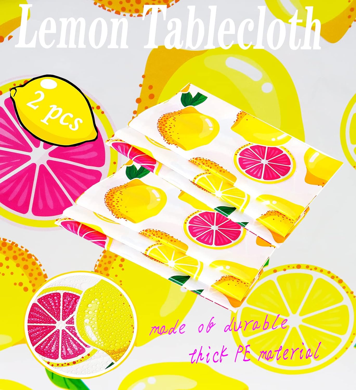 Lemon Tablecloth 108"x54" Lemon Party Decoration Disposable Summer Fresh Fruits Lemon Waterproof Table Cover for Summer Lemon Party Supplies Beach Picnic Kids Birthday Party Decorations(2Pcs)