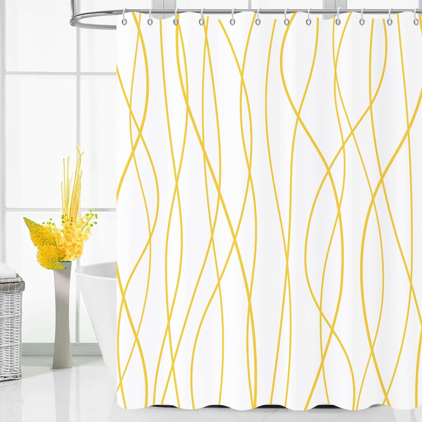 Yellow and White Striped Shower Curtain, Modern Abstract Geometric Yellow White Striped Simple Minimalist Art Bathroom Curtain Waterproof Fabric Machine Washable with Hooks, 72" Wx72 L