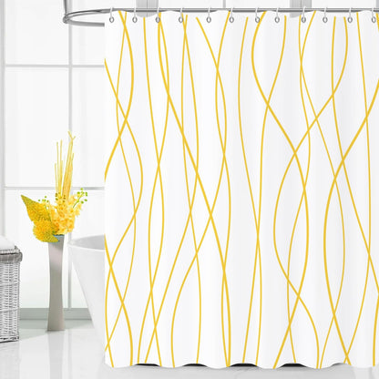Yellow and White Striped Shower Curtain, Modern Abstract Geometric Yellow White Striped Simple Minimalist Art Bathroom Curtain Waterproof Fabric Machine Washable with Hooks, 72" Wx72 L