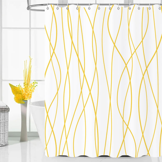 Yellow and White Striped Shower Curtain, Modern Abstract Geometric Yellow White Striped Simple Minimalist Art Bathroom Curtain Waterproof Fabric Machine Washable with Hooks, 72" Wx72 L