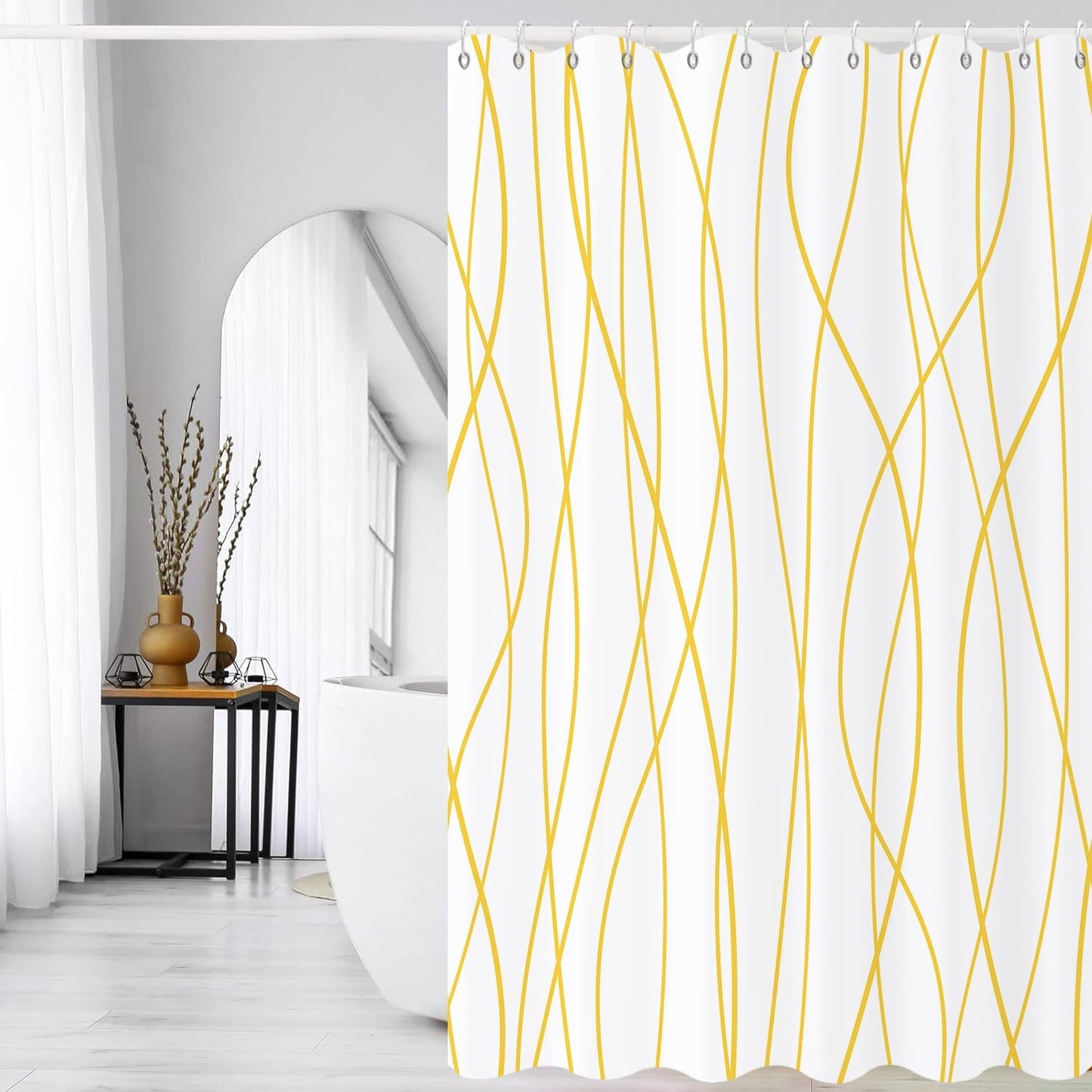 Yellow and White Striped Shower Curtain, Modern Abstract Geometric Yellow White Striped Simple Minimalist Art Bathroom Curtain Waterproof Fabric Machine Washable with Hooks, 72" Wx72 L