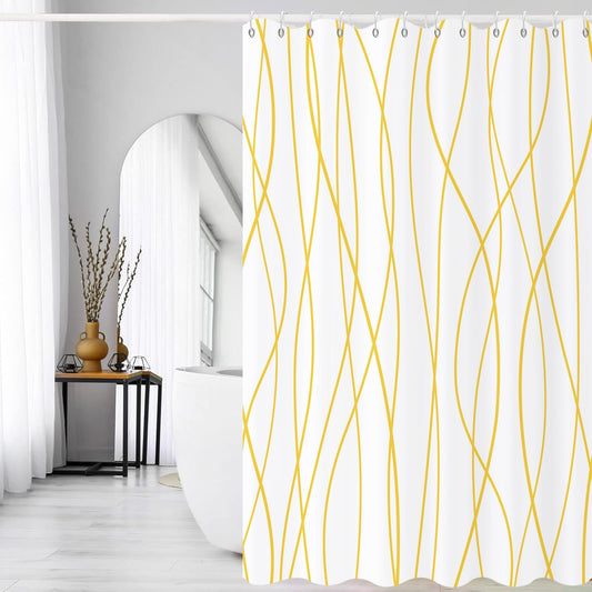 Yellow and White Striped Shower Curtain, Modern Abstract Geometric Yellow White Striped Simple Minimalist Art Bathroom Curtain Waterproof Fabric Machine Washable with Hooks, 72" Wx72 L