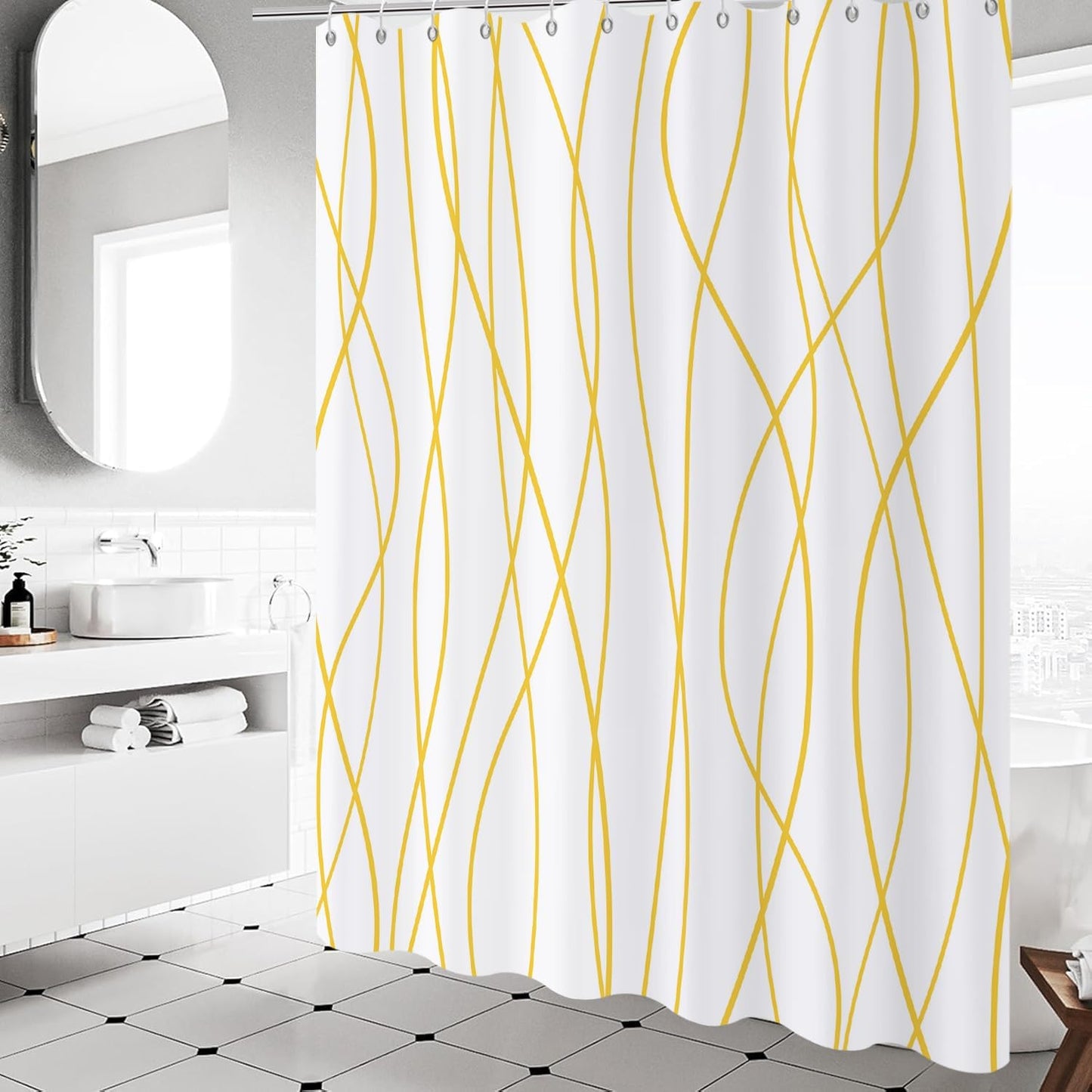 Yellow and White Striped Shower Curtain, Modern Abstract Geometric Yellow White Striped Simple Minimalist Art Bathroom Curtain Waterproof Fabric Machine Washable with Hooks, 72" Wx72 L