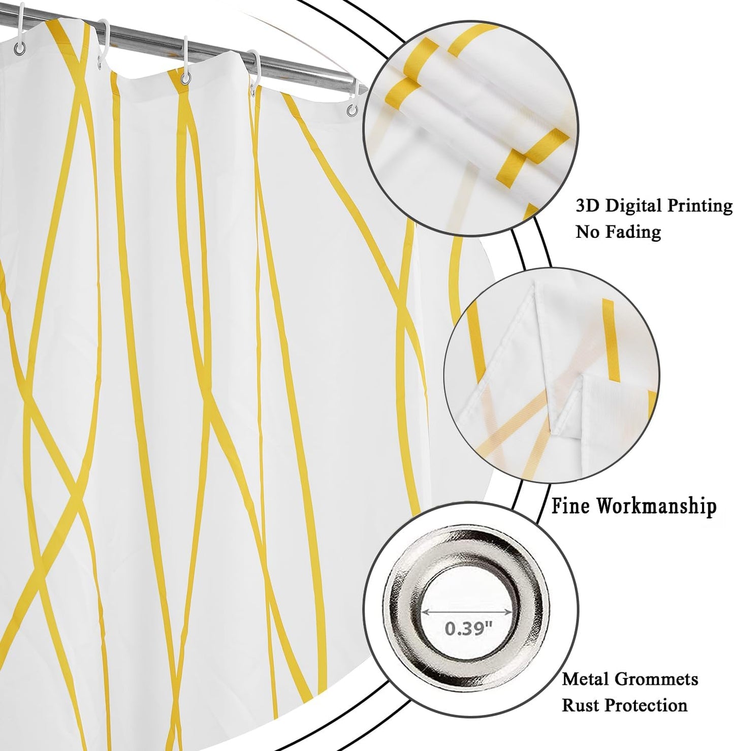 Yellow and White Striped Shower Curtain, Modern Abstract Geometric Yellow White Striped Simple Minimalist Art Bathroom Curtain Waterproof Fabric Machine Washable with Hooks, 72" Wx72 L