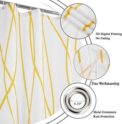 Yellow and White Striped Shower Curtain, Modern Abstract Geometric Yellow White Striped Simple Minimalist Art Bathroom Curtain Waterproof Fabric Machine Washable with Hooks, 72" Wx72 L