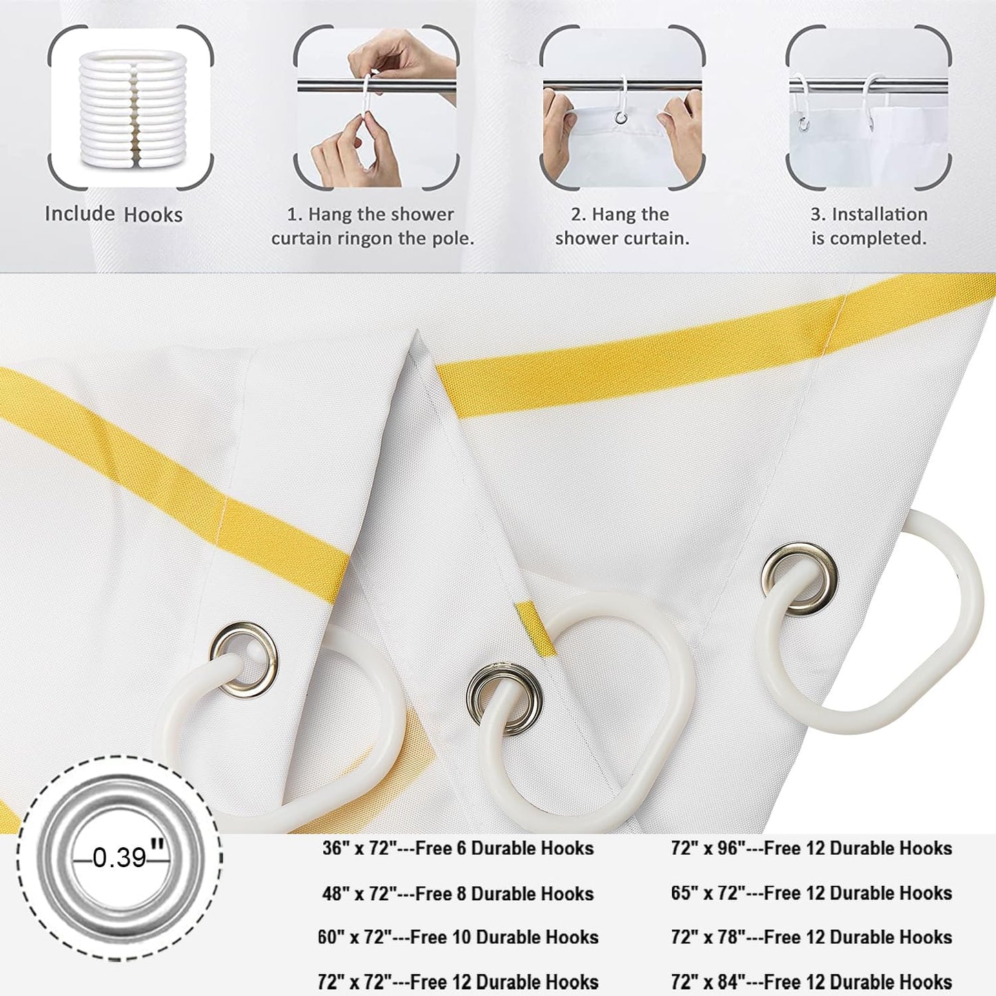 Yellow and White Striped Shower Curtain, Modern Abstract Geometric Yellow White Striped Simple Minimalist Art Bathroom Curtain Waterproof Fabric Machine Washable with Hooks, 72" Wx72 L
