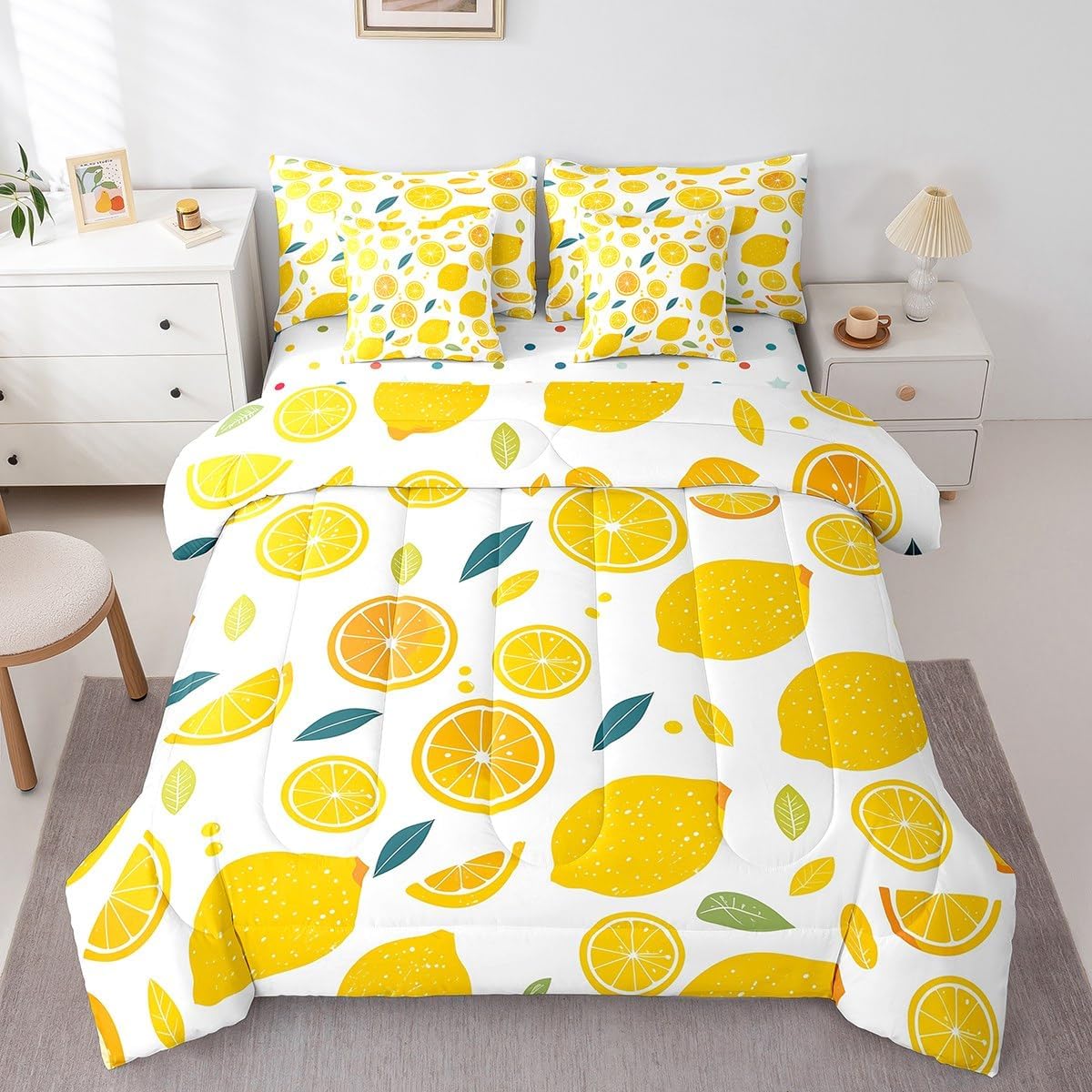 Cute Lemon Kids Comforter Set with Sheets,Boys Girls Twin Size,Fun Vegetable 7 Piece Bedding Set,Cartoon Farmhouse Lifestyle Design Bed in a Bag,Yellow Large Lemon All Season Bedroom Decor