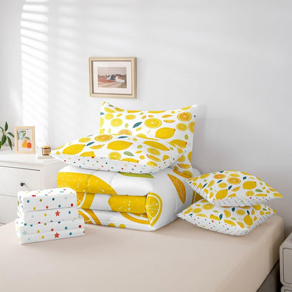 Cute Lemon Kids Comforter Set with Sheets,Boys Girls Twin Size,Fun Vegetable 7 Piece Bedding Set,Cartoon Farmhouse Lifestyle Design Bed in a Bag,Yellow Large Lemon All Season Bedroom Decor