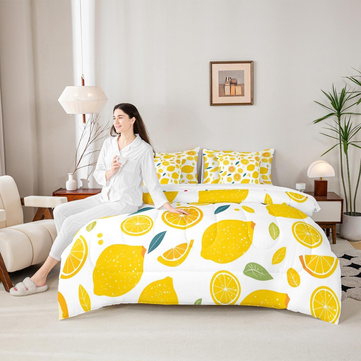 Cute Lemon Kids Comforter Set with Sheets,Boys Girls Twin Size,Fun Vegetable 7 Piece Bedding Set,Cartoon Farmhouse Lifestyle Design Bed in a Bag,Yellow Large Lemon All Season Bedroom Decor