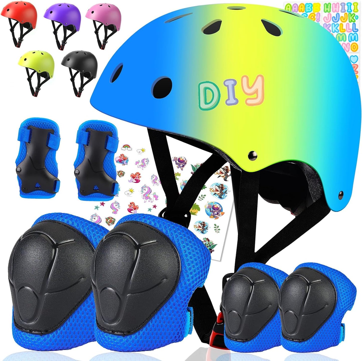 Kids Bike Helmet and Pads Set - Helmet with Knee Pads Elbow Pads Wrist Guards, CPSC Certified Adjustable Protective Gear for Girls Boys, for Bicycle Skate Scooter Skateboarding
