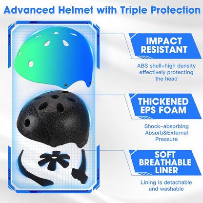 Kids Bike Helmet and Pads Set - Helmet with Knee Pads Elbow Pads Wrist Guards, CPSC Certified Adjustable Protective Gear for Girls Boys, for Bicycle Skate Scooter Skateboarding