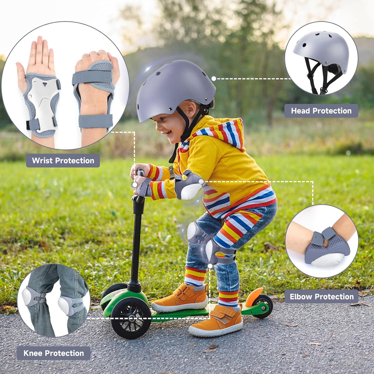 Kids Bike Helmet and Pads Set - Helmet with Knee Pads Elbow Pads Wrist Guards, CPSC Certified Adjustable Protective Gear for Girls Boys, for Bicycle Skate Scooter Skateboarding