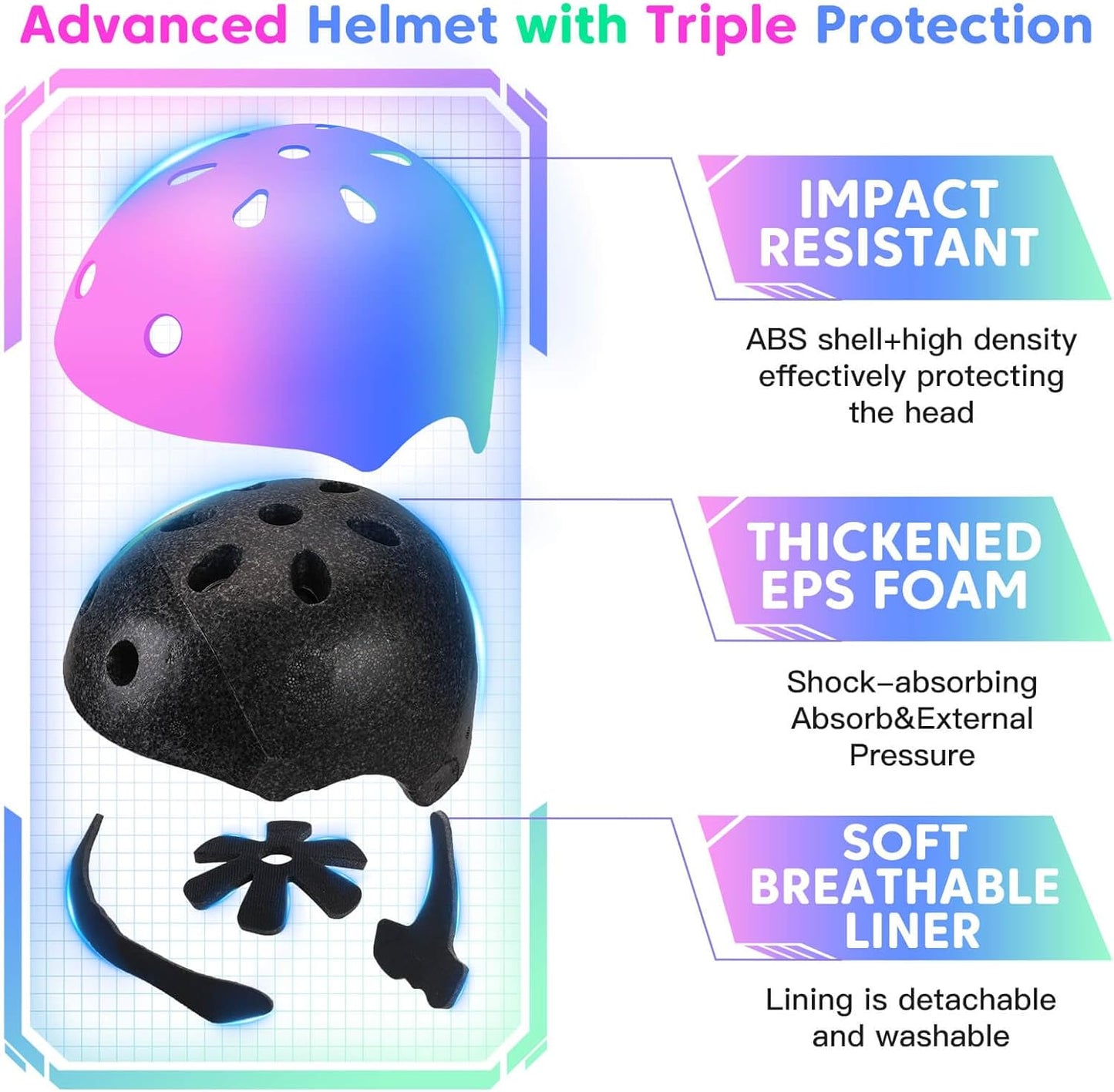 Kids Bike Helmet and Pads Set - Helmet with Knee Pads Elbow Pads Wrist Guards, CPSC Certified Adjustable Protective Gear for Girls Boys, for Bicycle Skate Scooter Skateboarding