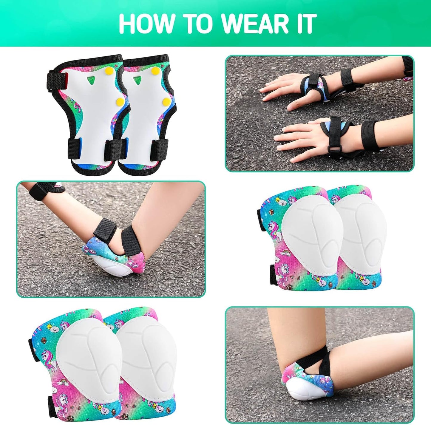 Kids Bike Helmet and Pads Set - Helmet with Knee Pads Elbow Pads Wrist Guards, CPSC Certified Adjustable Protective Gear for Girls Boys, for Bicycle Skate Scooter Skateboarding