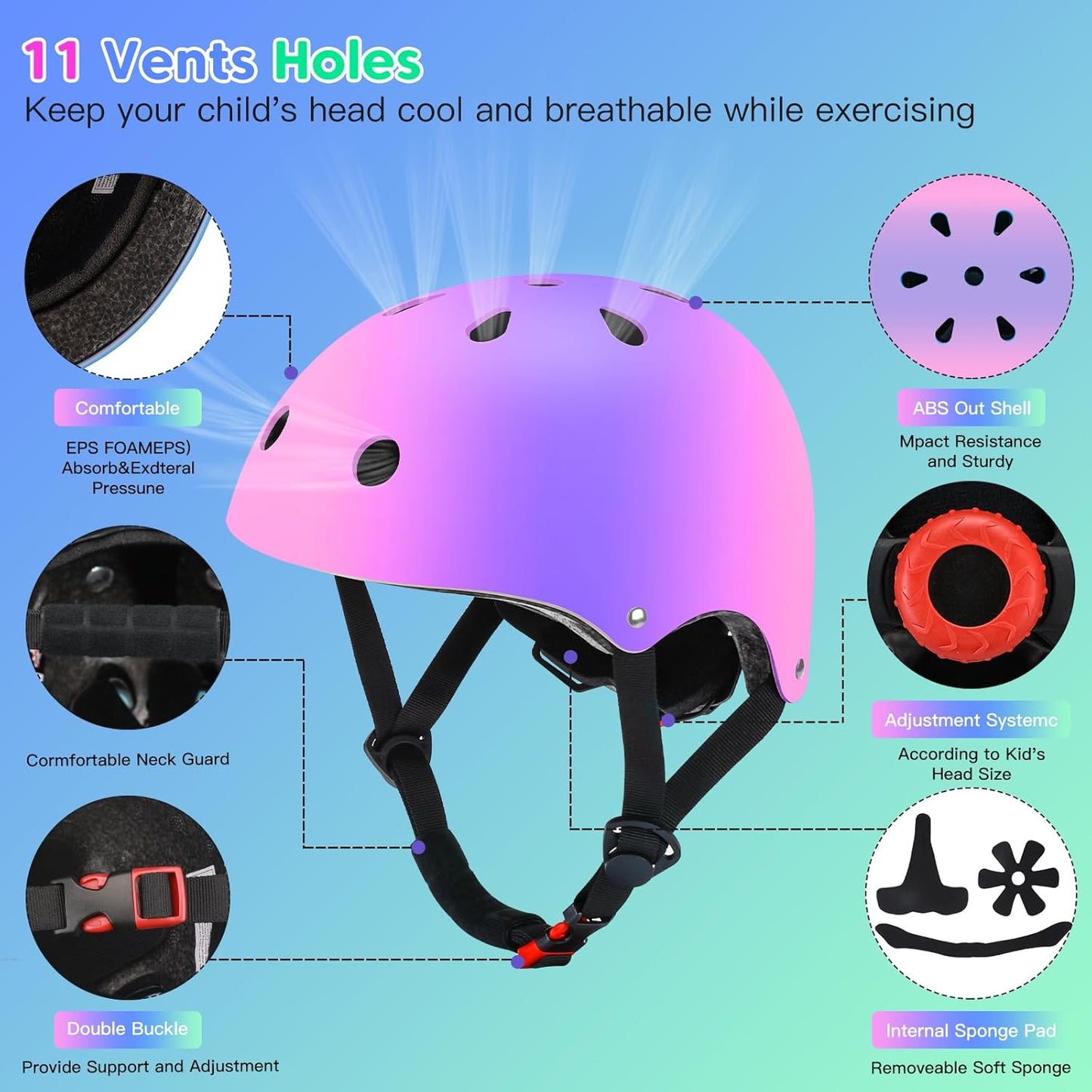 Kids Bike Helmet and Pads Set - Helmet with Knee Pads Elbow Pads Wrist Guards, CPSC Certified Adjustable Protective Gear for Girls Boys, for Bicycle Skate Scooter Skateboarding