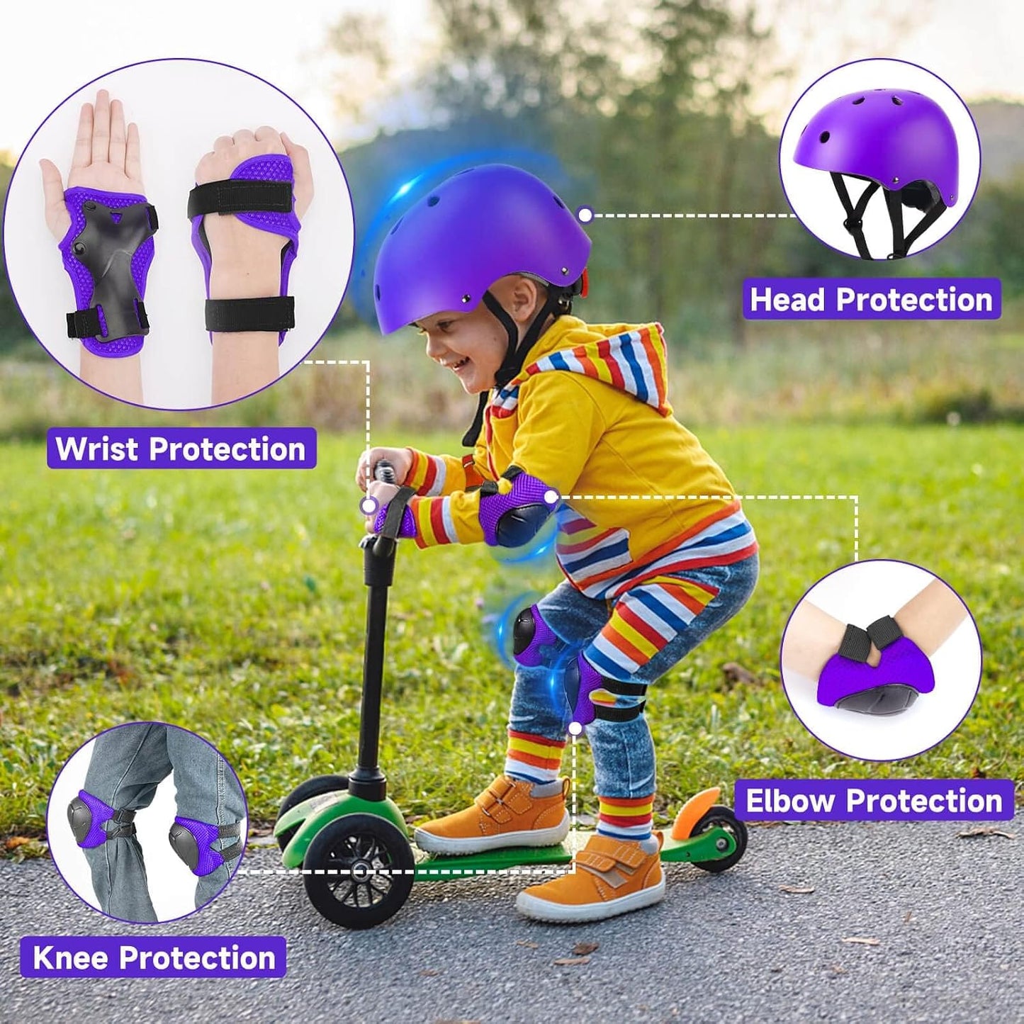Kids Bike Helmet and Pads Set - Helmet with Knee Pads Elbow Pads Wrist Guards, CPSC Certified Adjustable Protective Gear for Girls Boys, for Bicycle Skate Scooter Skateboarding