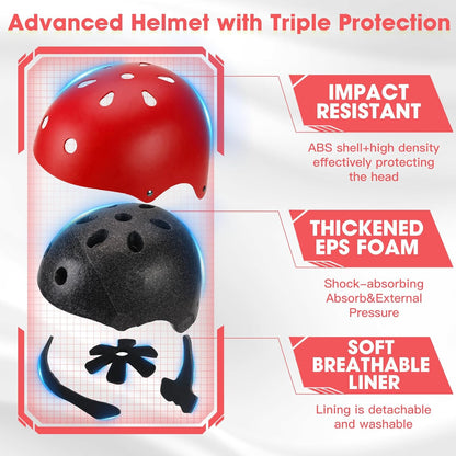 Kids Bike Helmet and Pads Set - Helmet with Knee Pads Elbow Pads Wrist Guards, CPSC Certified Adjustable Protective Gear for Girls Boys, for Bicycle Skate Scooter Skateboarding