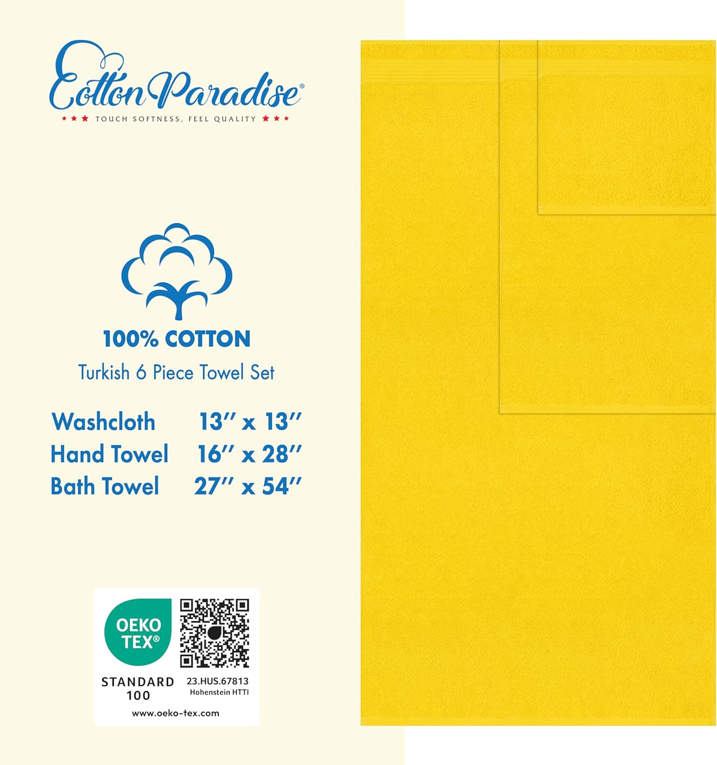 Cotton Paradise 100% Cotton Turkish Towel Set, Soft Absorbent Quick Dry, 6 Piece Towel Set, Yellow