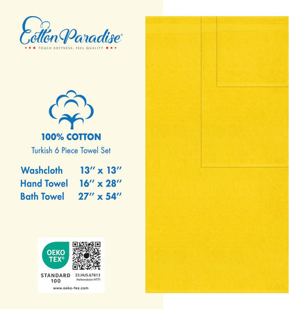 Cotton Paradise 100% Cotton Turkish Towel Set, Soft Absorbent Quick Dry, 6 Piece Towel Set, Yellow