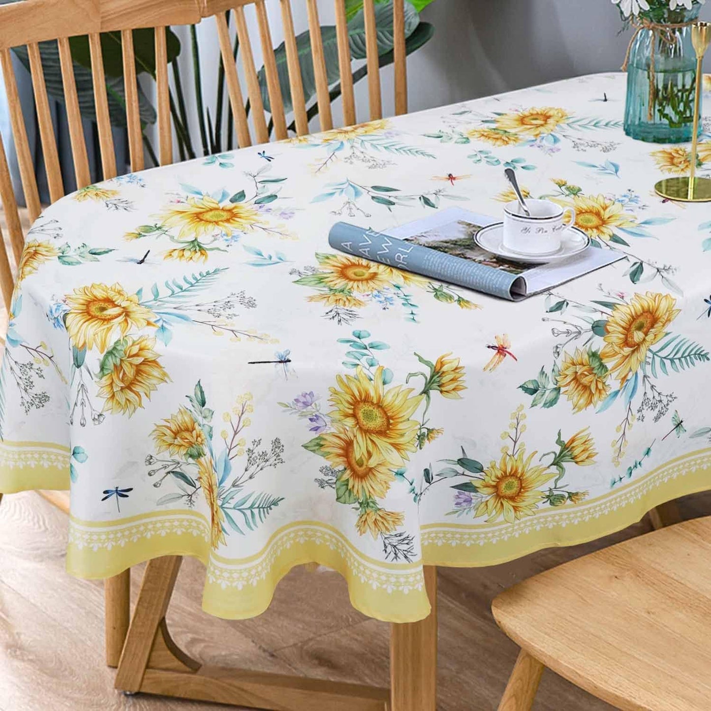 Sunflower Oval Tablecloth Yellow Floral Tablecloth Waterproof Fabric Wrinkle Free Durable 60 X 84 Inch